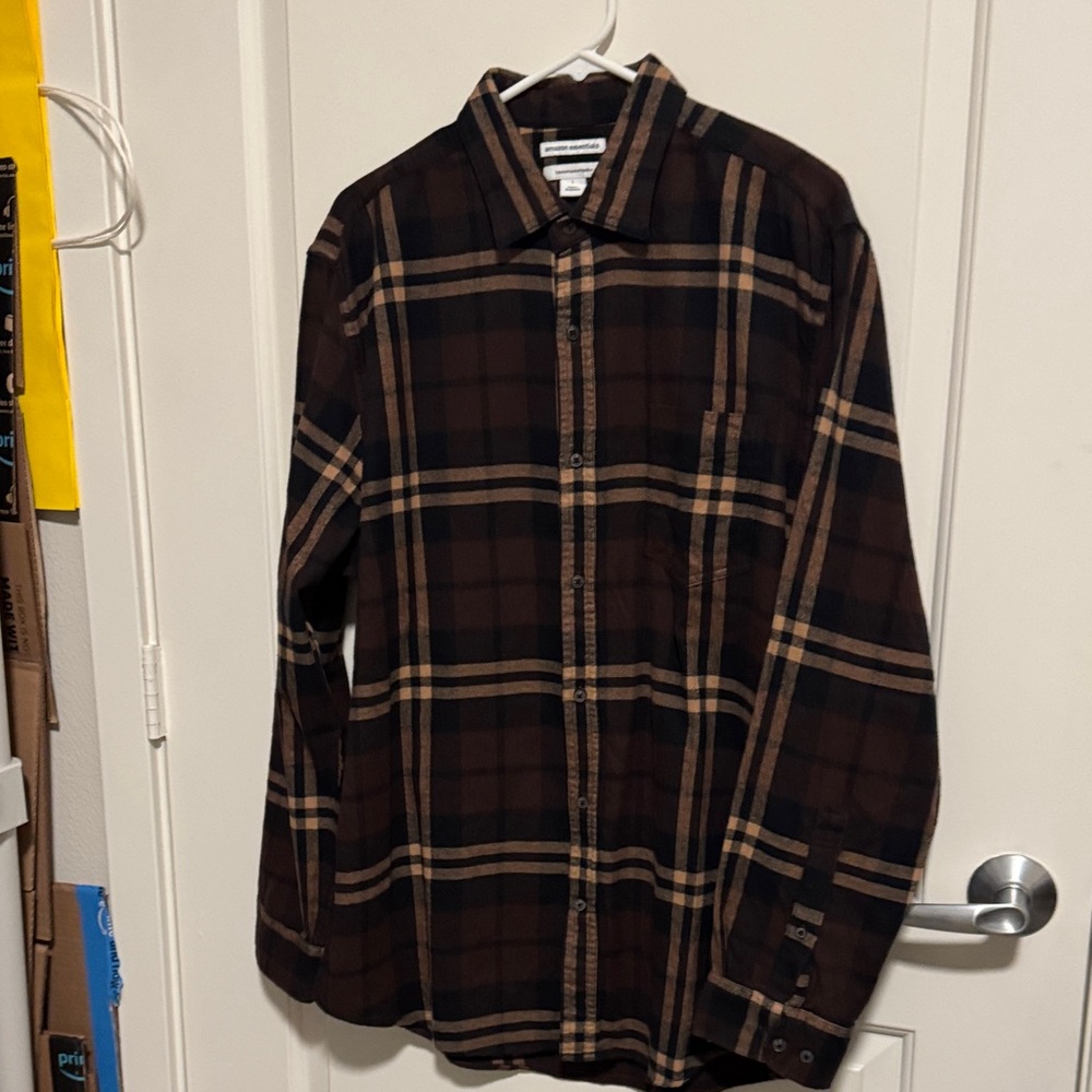 Amazon Essentials Dark Brown Plaid Shirt NWOT